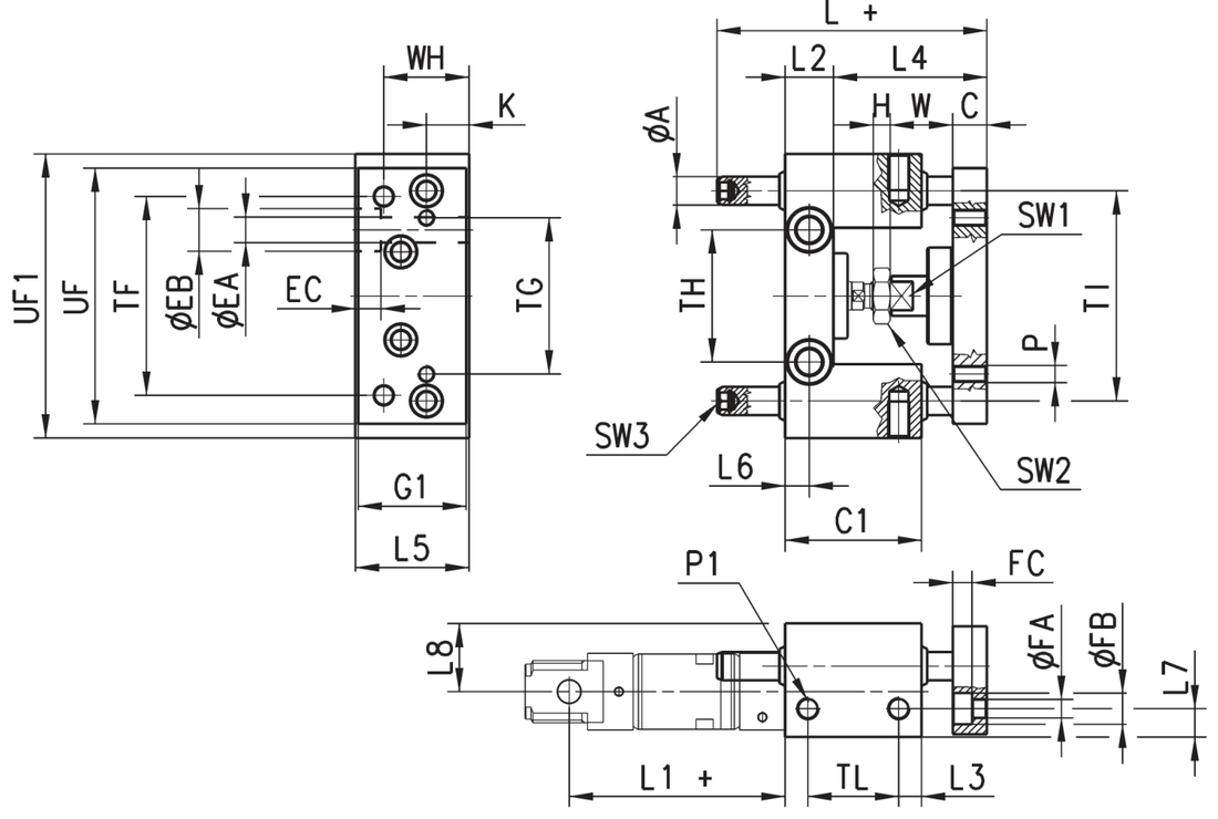 Габаритные размеры направляющей 45NUT020A0020