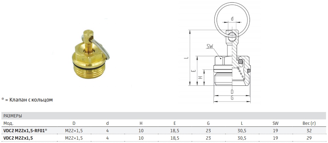 Размеры клапана сброса конденсата VDC2 M22x1,5-RF01