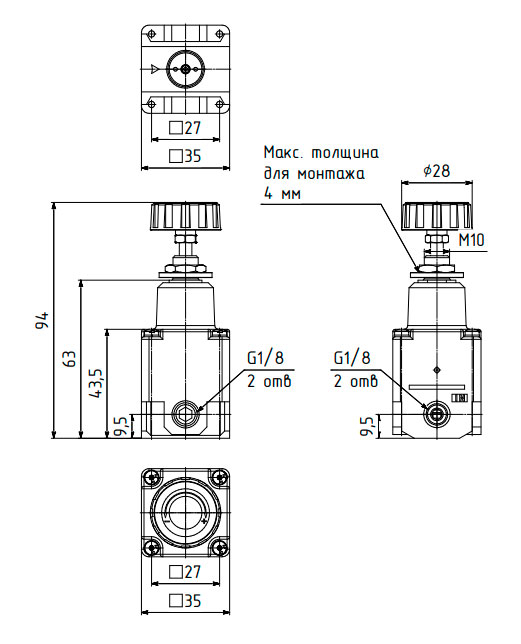 Габаритные размеры модели PRN208-M02  Camozzi