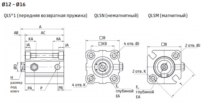 Размеры пневмоцилиндров серии QLS