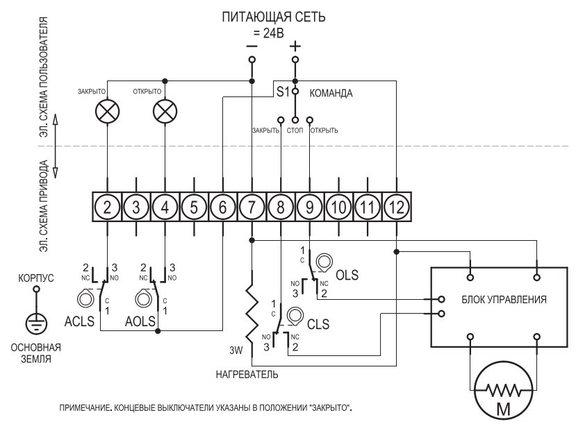 Схема подключения электропривода HQ-006 24VDC (24 В DC)