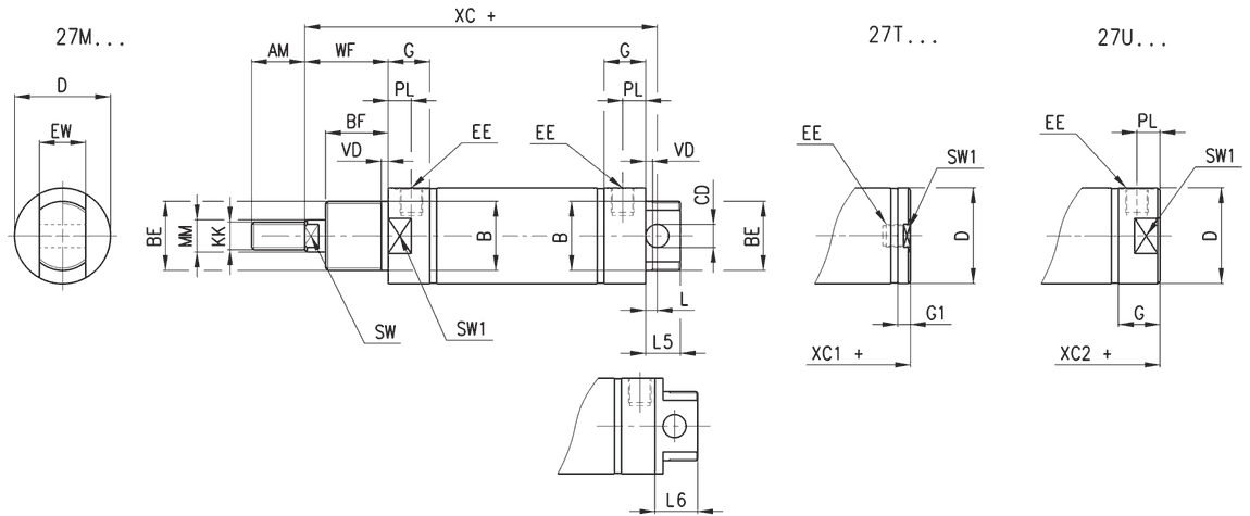 Габаритные размеры пневматического цилиндра 27M2A40A0200