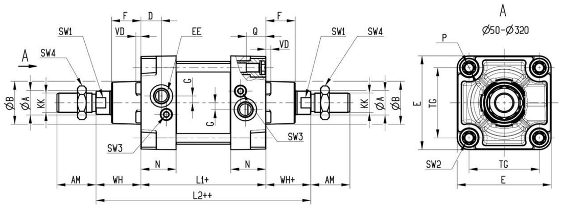 Габаритные размеры пневматического цилиндра 40M6L160A0010