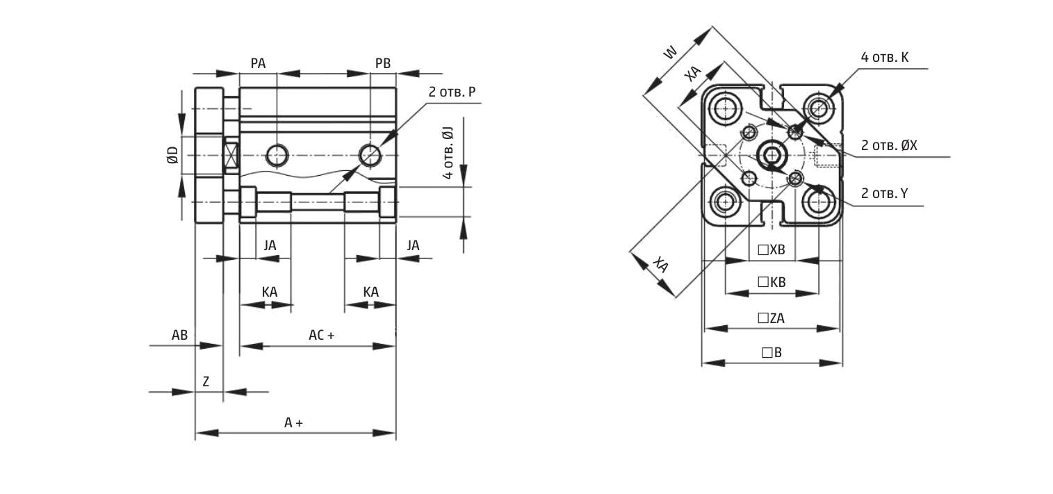 Габаритные размеры пневматического цилиндра QLRN2A012A005