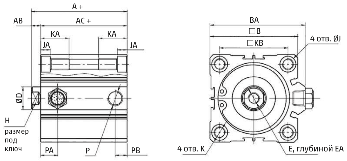 Габаритные размеры пневматического цилиндра QLSN1A032A030