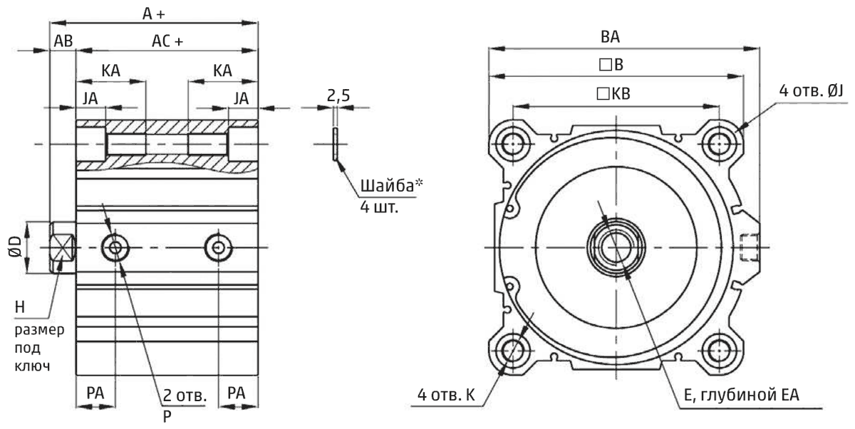 Габаритные размеры пневматического цилиндра QLSM2A125A030