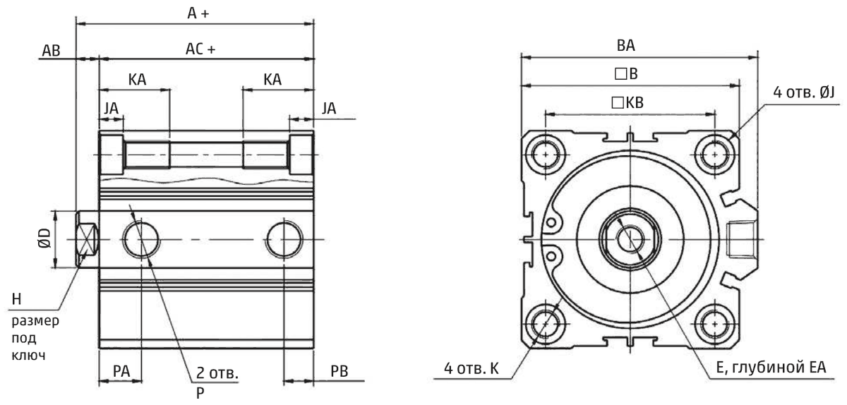 Габаритные размеры пневматического цилиндра QLSN2A032A075